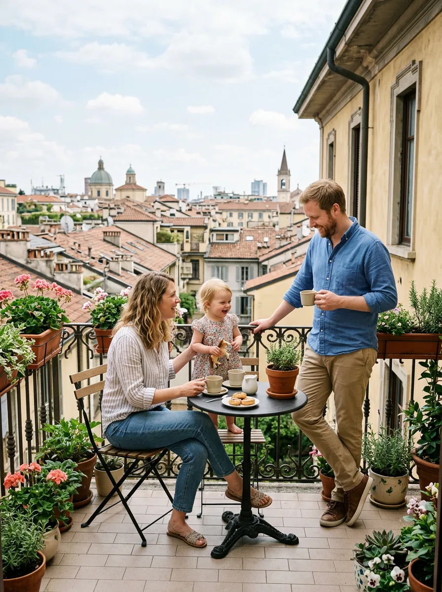 A British family with a toddler having coffee on the balcony of their Milan apartment, wrought-iron railing and city rooftops behind them.
