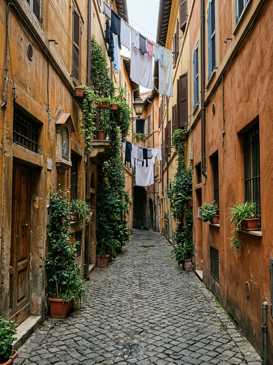 A very narrow cobbled sampietrini lane in Trastevere, Rome, ochre walls closing in on both sides and barely room for a small vehicle to pass.