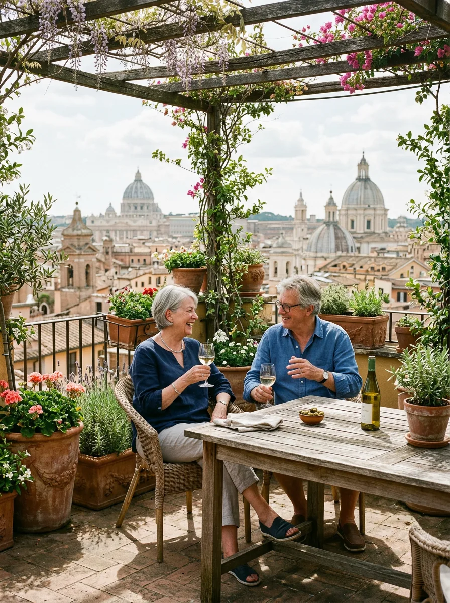 A retired British couple on the rooftop terrace of their Rome apartment, terracotta pots and a shaded table with the city domes behind them.
