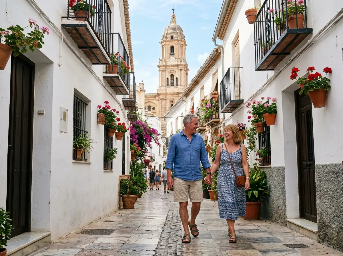 A British couple exploring a narrow marble-paved street in Málaga old town below the cathedral tower