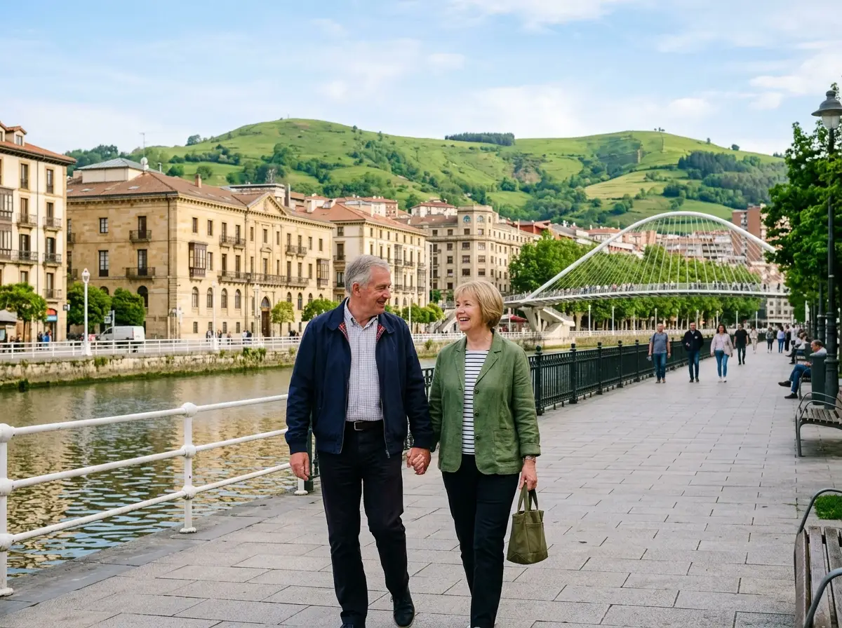 A British couple walking the Nervión riverside promenade in Bilbao with the green Basque hills behind the city