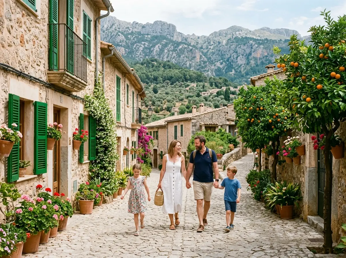 A British family walking a village lane near Sóller, Mallorca, beneath the Tramuntana mountains