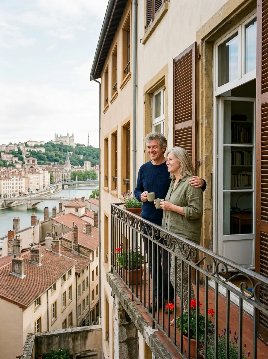 A British couple on the balcony of their apartment in the Croix-Rousse district of Lyon, with the ochre facades and rooftops of the Saone valley behind them.