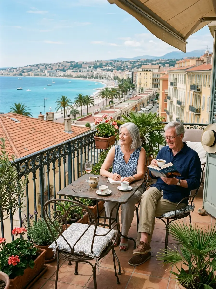 A retired British couple on the terrace of their apartment in Nice, palm trees and the Mediterranean beyond the Belle Epoque facades.