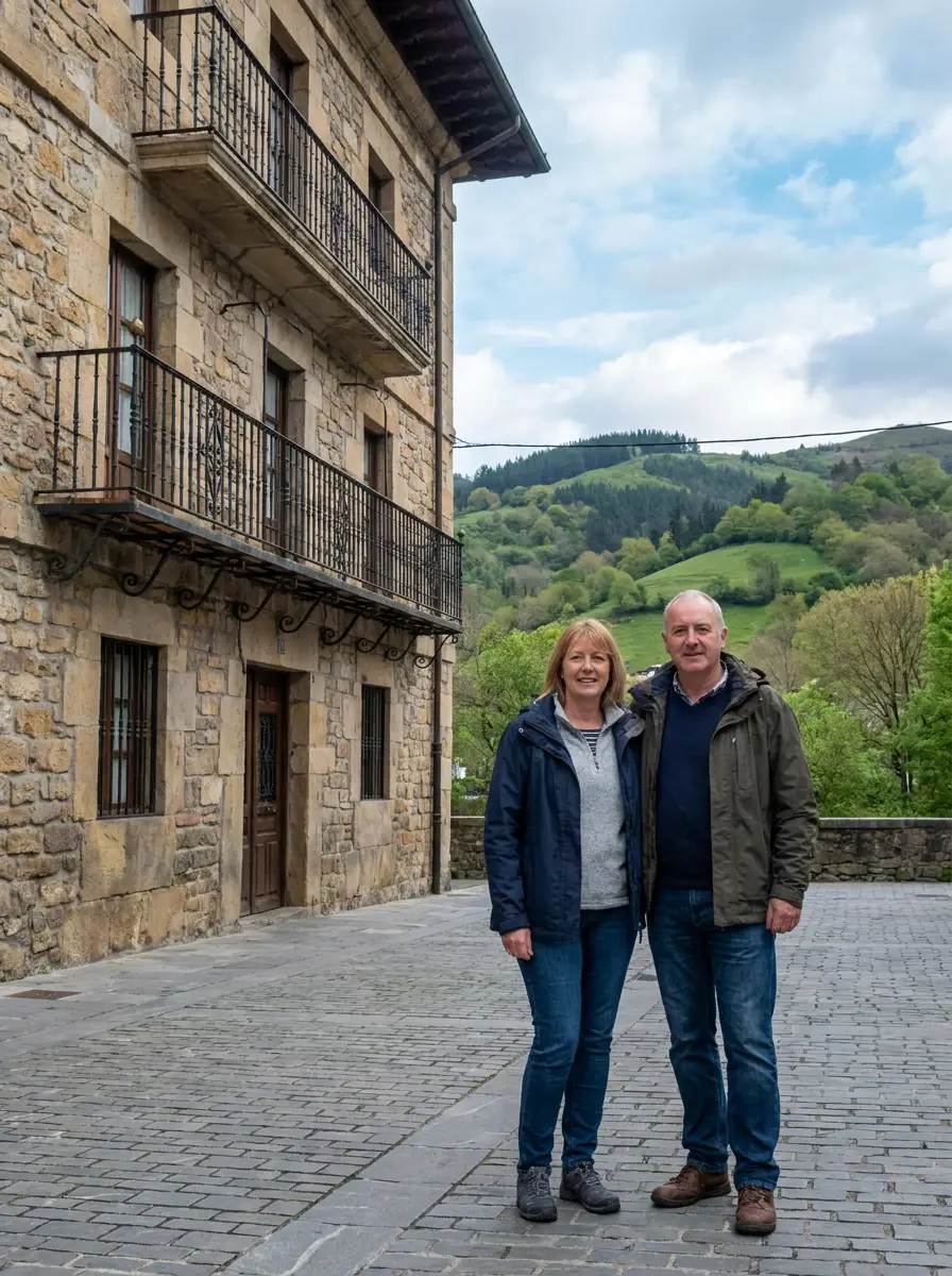 A British couple outside their townhouse in Bilbao, stone Basque architecture with the green hills of Biscay rising behind the city.