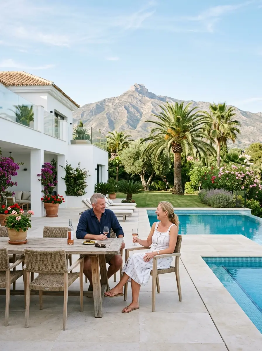 A British couple on the poolside terrace of their villa in Marbella, mature palms and the mountains of the Costa del Sol behind.