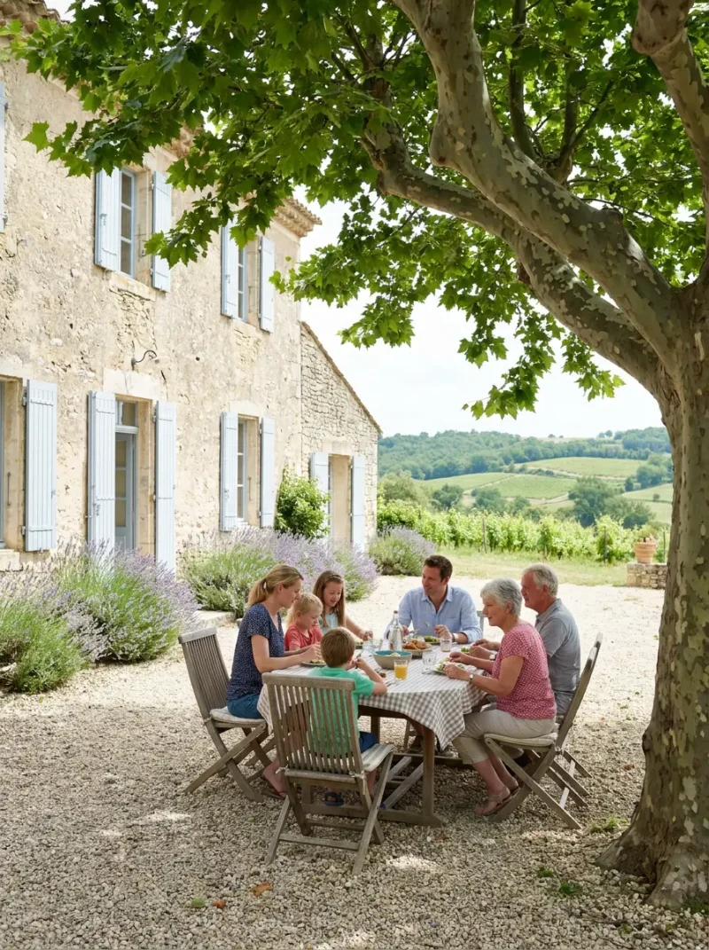 A British family settled outside their French stone house with pale blue shutters, a table on the gravel terrace under a plane tree.