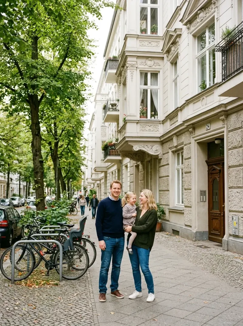 A British couple and their child outside their apartment building on a leafy German city street, a handsome Altbau facade behind them.