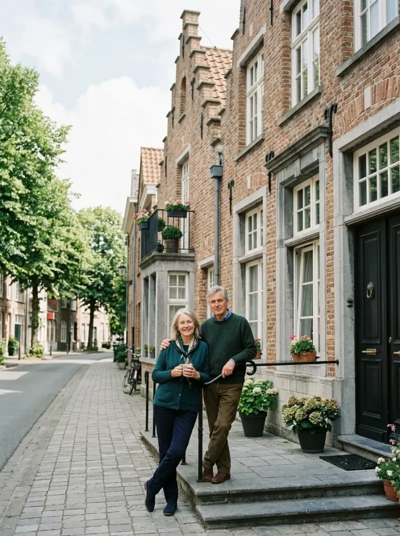 A British couple outside their Belgian townhouse, an elegant brick and stone gabled facade on a quiet tree-lined street.