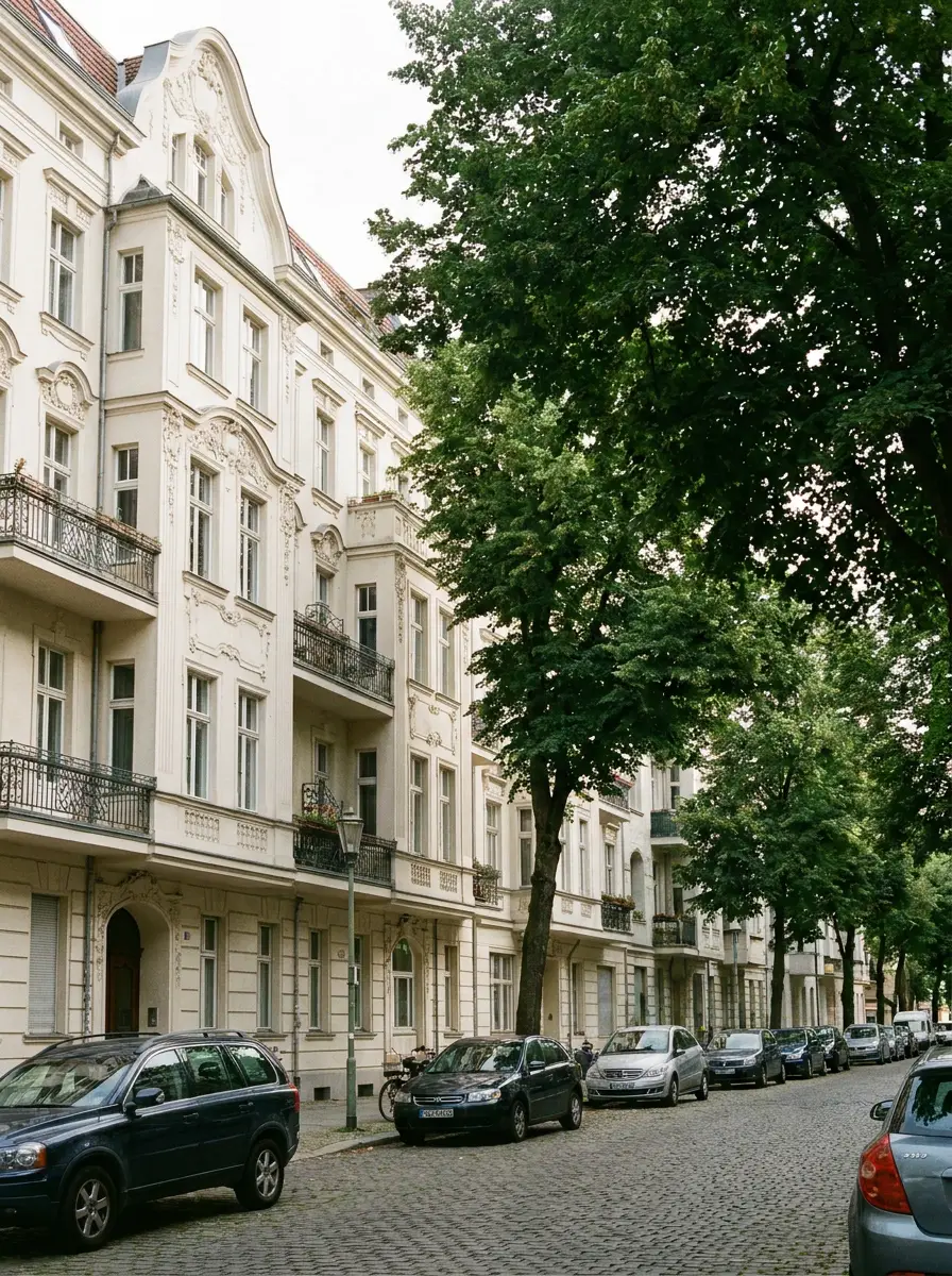 A residential Berlin street of tall Altbau apartment buildings with ornate stucco facades and high windows, the kind of upper-floor address that usually needs an external furniture lift on delivery day.