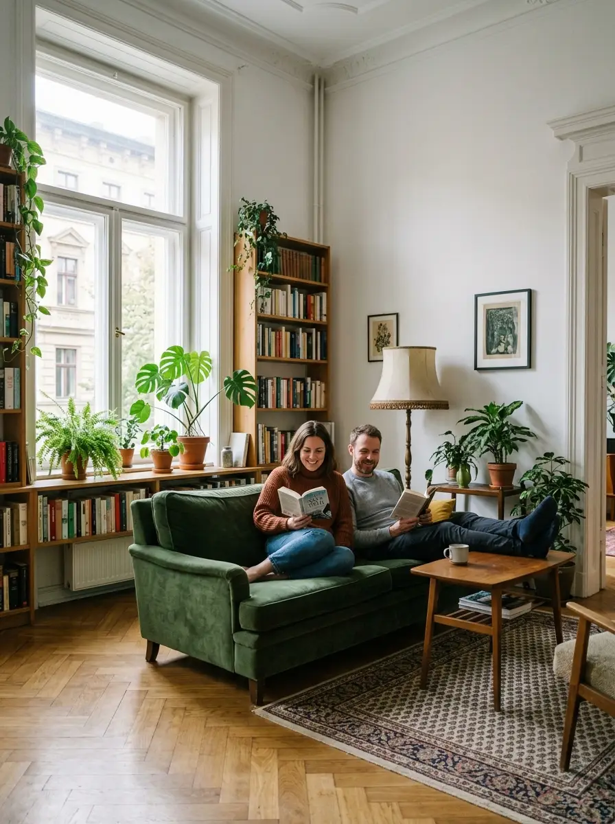 A British couple settled in their spacious Berlin Altbau apartment, with the very high ceilings, tall windows and parquet floors typical of the city.