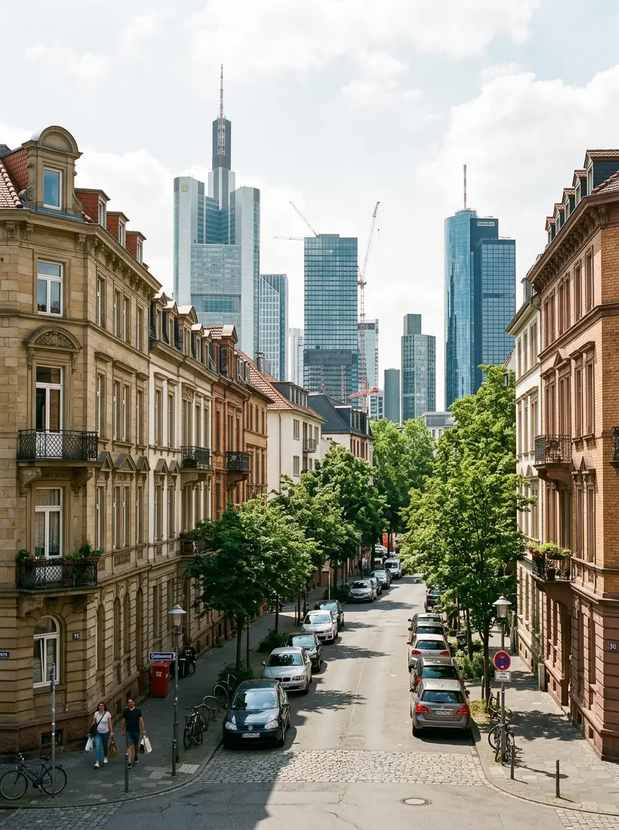 A Frankfurt street of Altbau apartment buildings with the glass towers of the banking district rising behind, showing the mix of old and new addresses we deliver into.