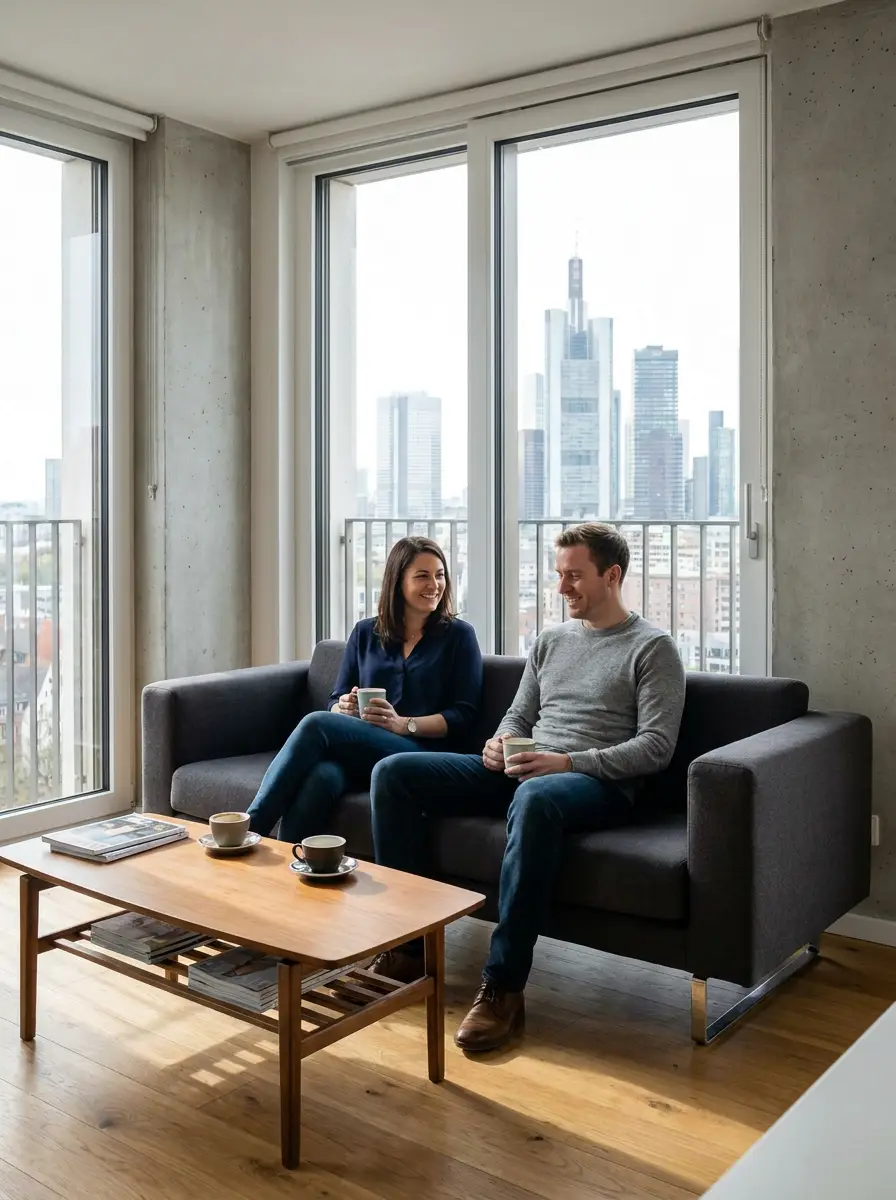 A British professional couple settled in their modern Frankfurt apartment, floor-to-ceiling windows looking out over the city.