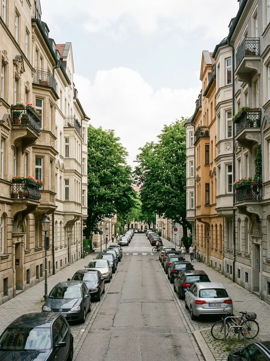A residential street in Schwabing, Munich, with ornate turn-of-the-century apartment buildings, bay windows and narrow resident parking on both sides.