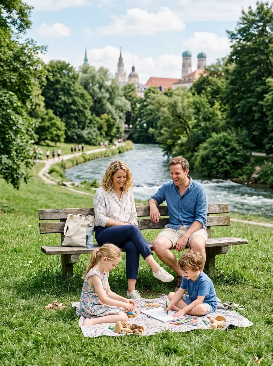 A British family relaxing in a Munich park on a bright afternoon, children on the grass with the city rooftops beyond.