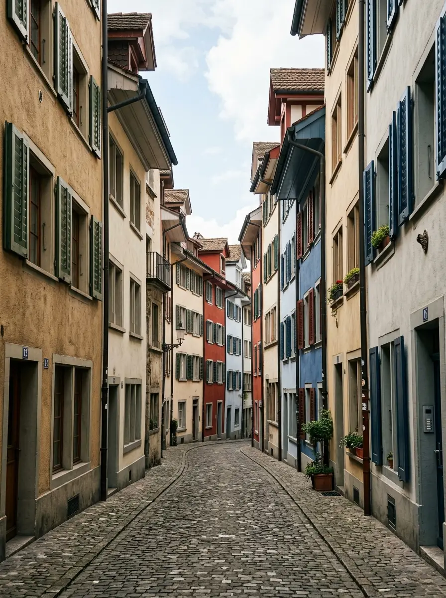 A steep narrow cobbled lane in the old town of Zurich lined with tall shuttered townhouses, the kind of address where a full-size removal lorry cannot get close.