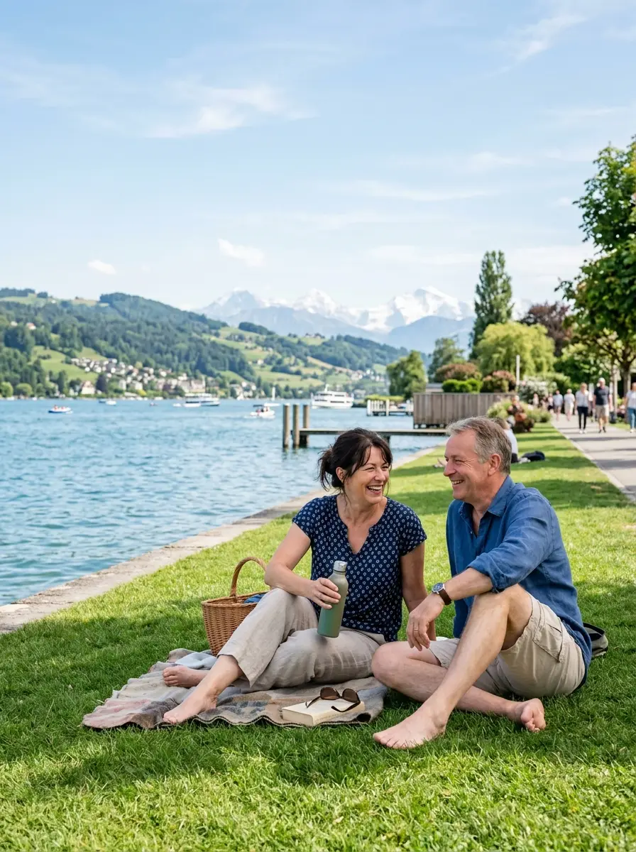 A British couple relaxing on the lakeside promenade at Lake Zurich, the water and green hills behind them.
