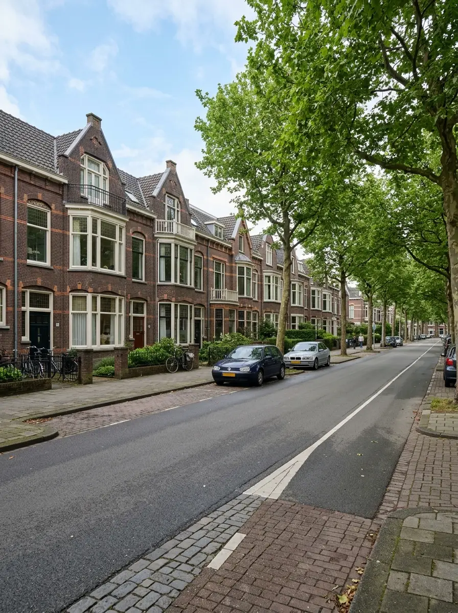 A wide residential street in the Benoordenhout district of The Hague lined with substantial brick townhouses and mature trees, with room at the kerb for a full-size removal lorry.