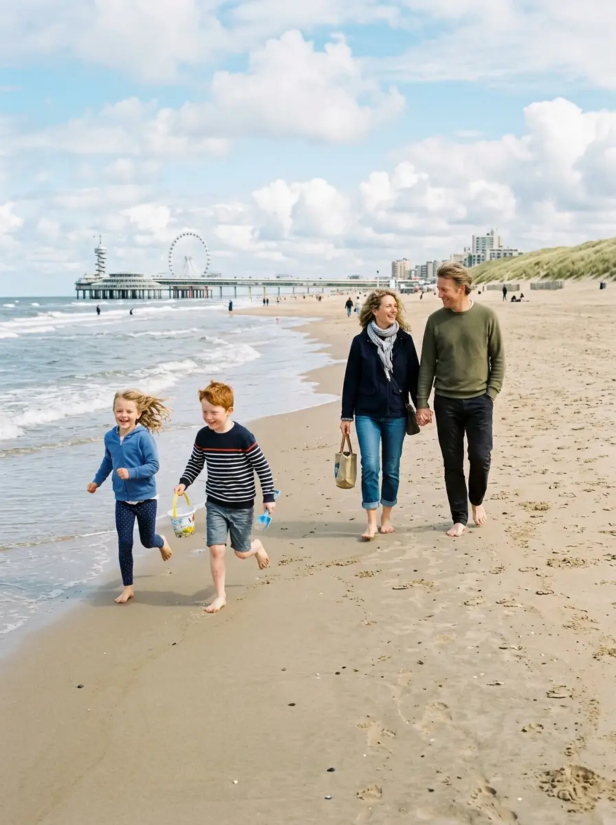 A British family walking the wide sandy beach at Scheveningen near The Hague, the dunes and pier in the distance.