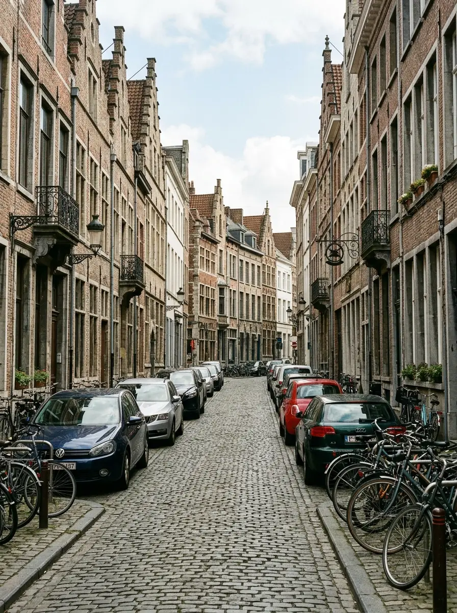 A narrow cobbled one-way street in the old centre of Antwerp lined with tall gabled houses and tightly parked, showing why kerb space has to be reserved in advance.