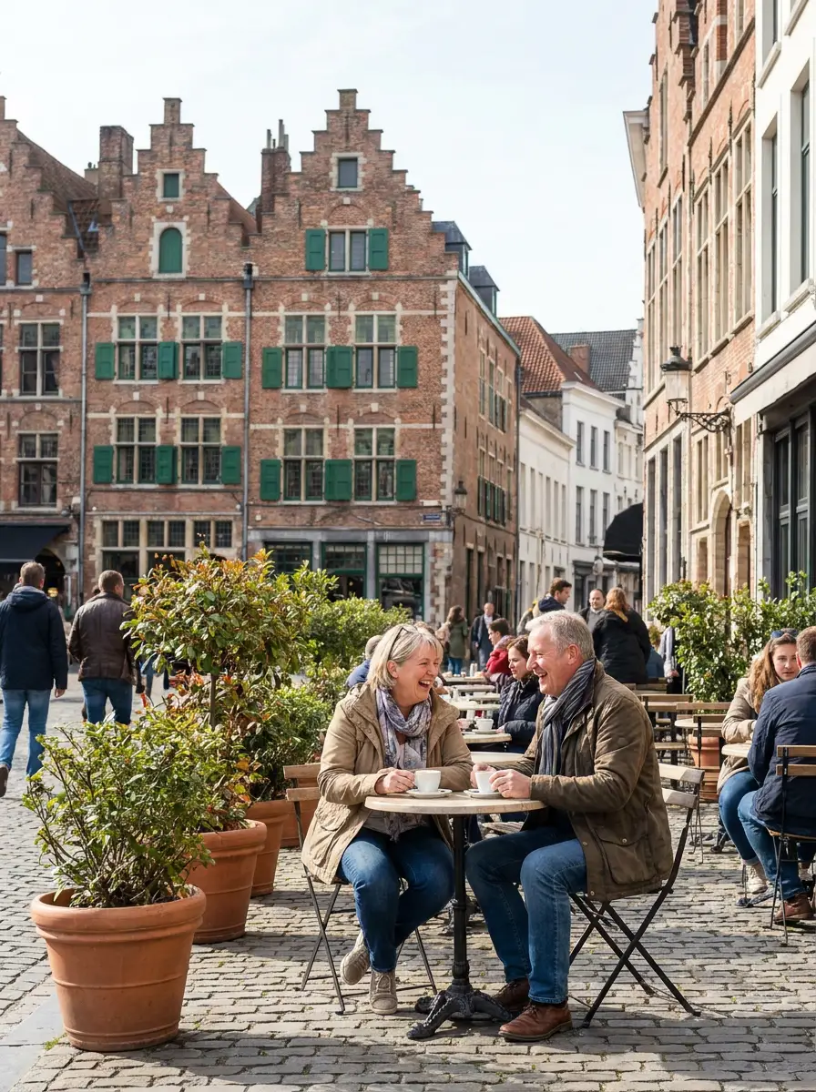 A British couple sitting outside a cafe on an Antwerp square, stepped gabled buildings and cobbles behind them.