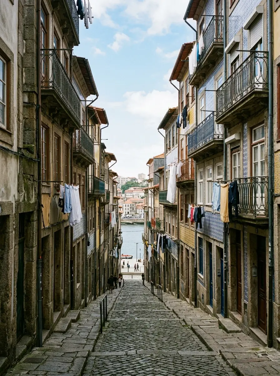 A steep narrow cobbled street climbing from the Ribeira in Porto, tall granite and tiled houses crowding both sides, too tight for a large vehicle.