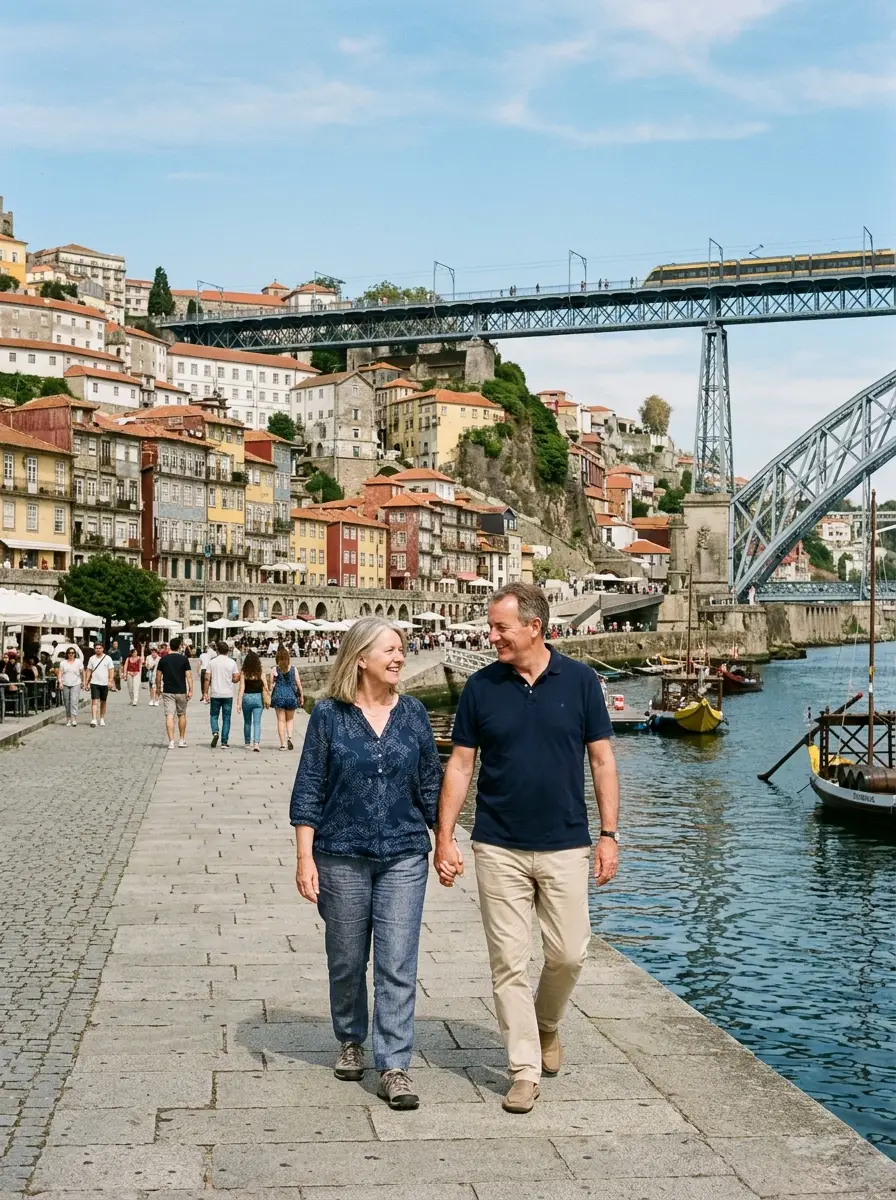 A British couple walking the Douro riverside in Porto, the tiered old town and the iron bridge behind them.
