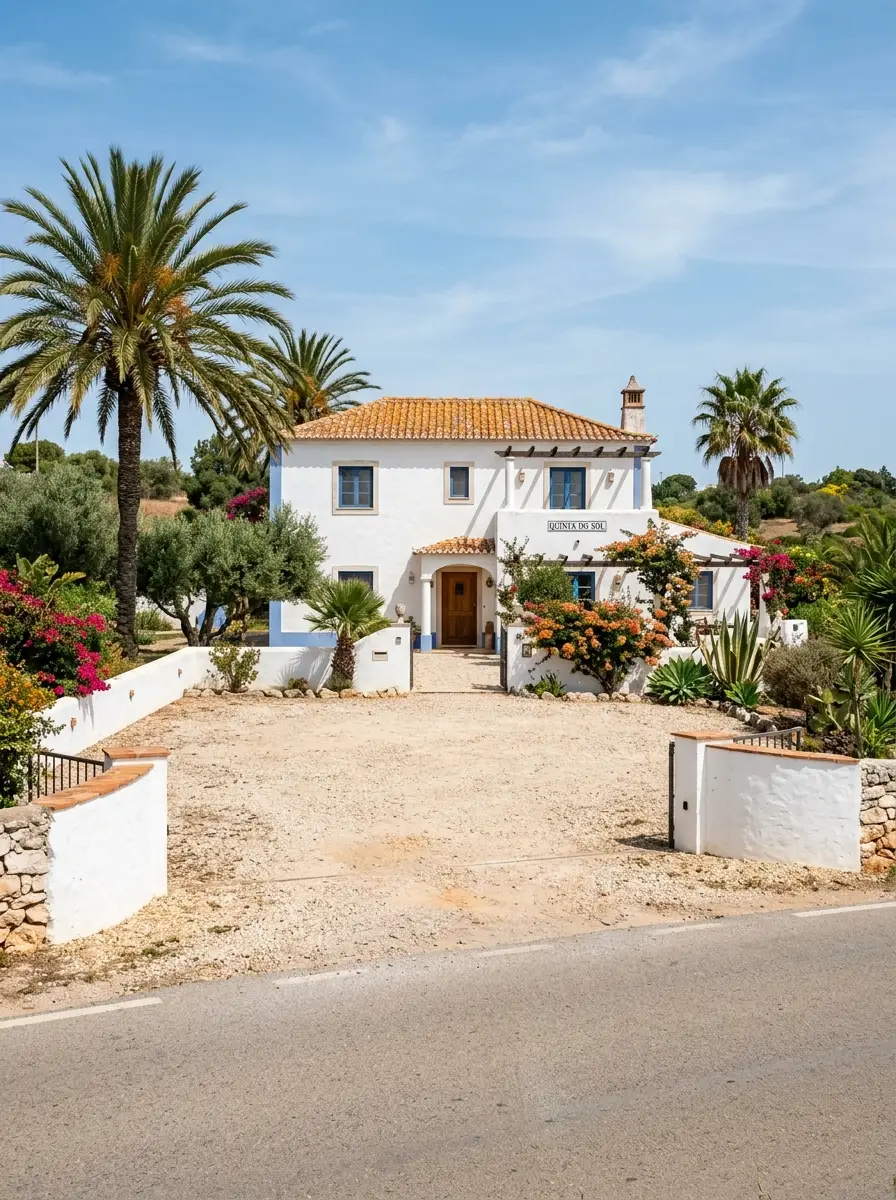 A whitewashed Algarve villa with a wide gravel driveway and open hard standing, with plenty of room for a full-size removal lorry to park.