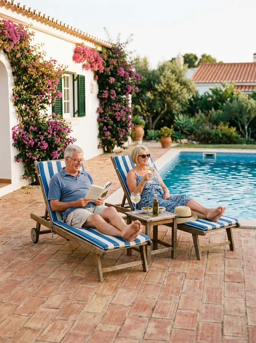 A retired British couple relaxing by the pool of their Algarve villa, bougainvillea over whitewashed walls in the late afternoon.